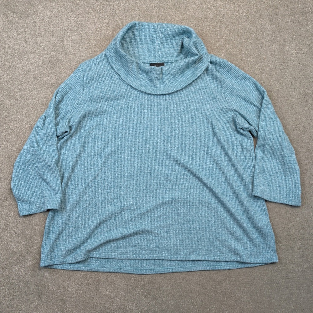 J. Jill Wearever Sweater Womens Large Blue Cowl Neck Waffle Knit 3/4 Sleeve Soft